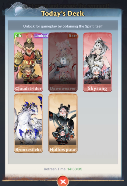 Spirit System showing spirits cards